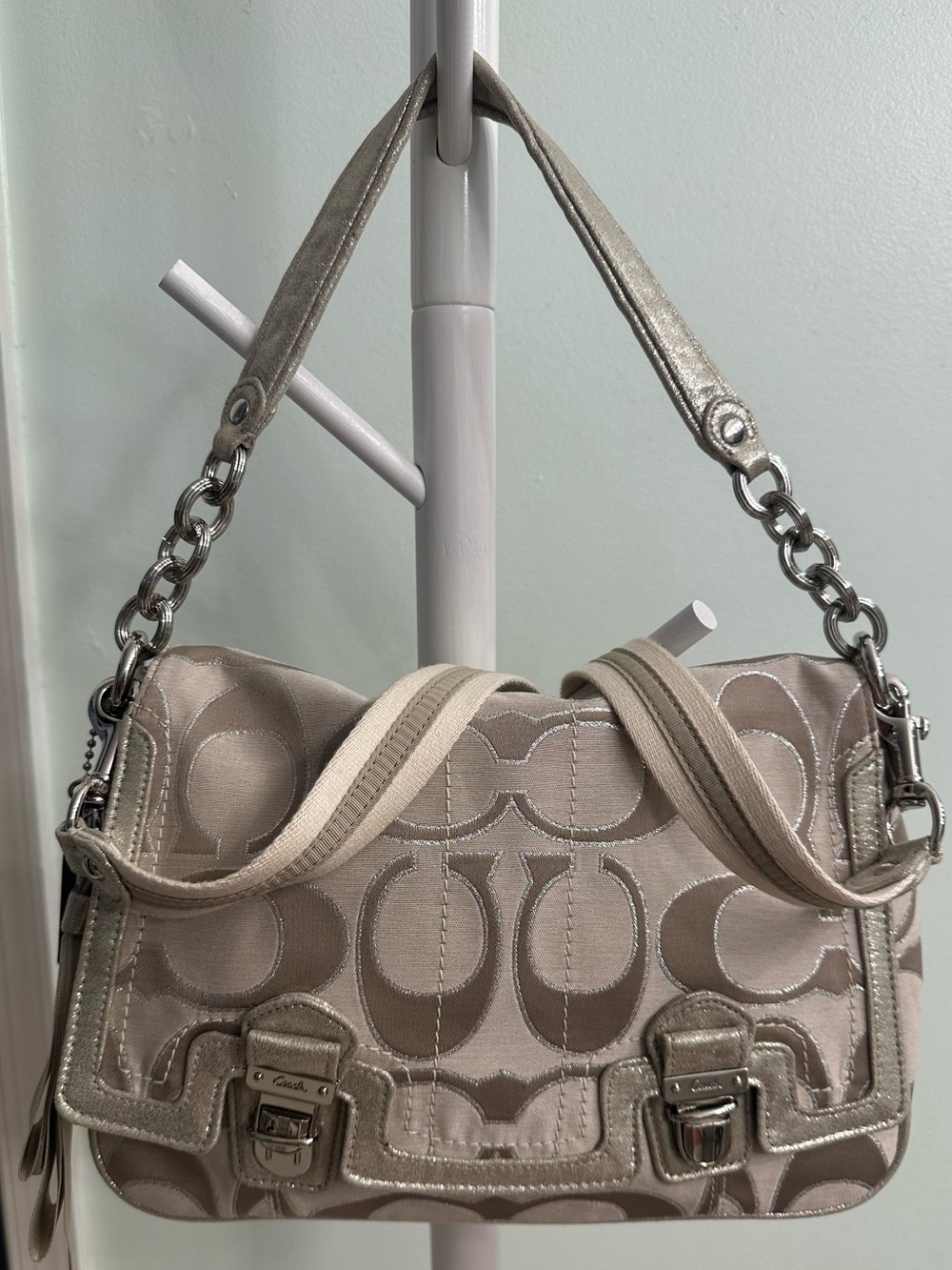 Coach Poppy Signature Push Lock Flap Messenger Khaki Silver Crossbody Bag Mint
